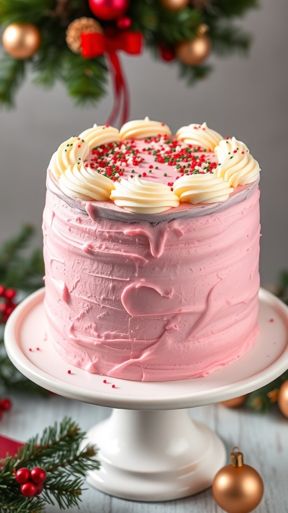 A pink Christmas cake with frosting and sprinkles on a cake stand, surrounded by festive decorations.